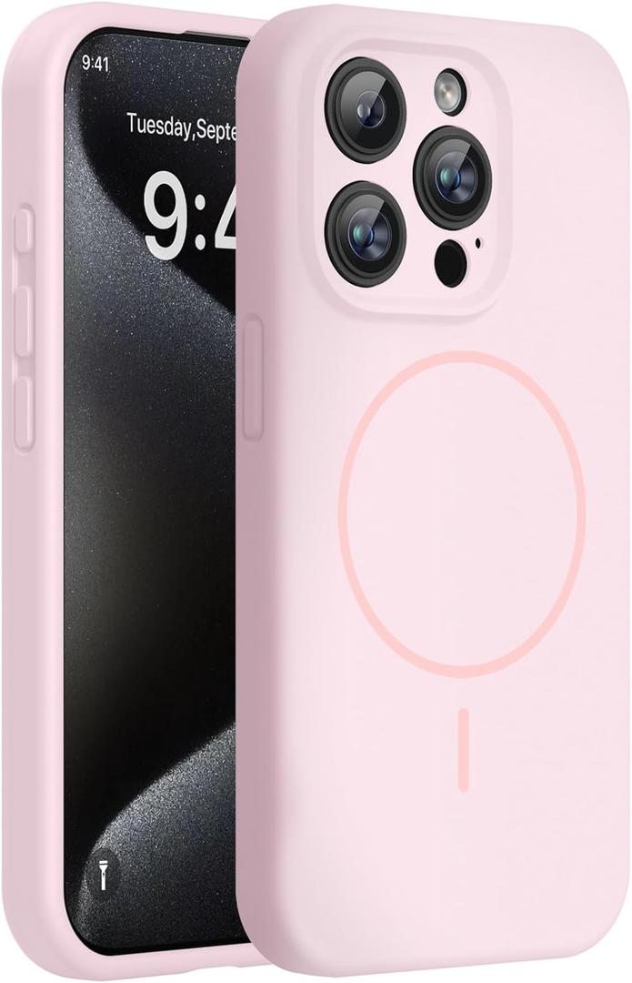 Miracase Magnetic for iPhone 15 Pro Case, [Soft Anti-Scratch Microfiber Lining], Compatible with MagSafe, Liquid Silicone Shockproof Drop Protection Phone Case for 15 Pro, Sand Pink