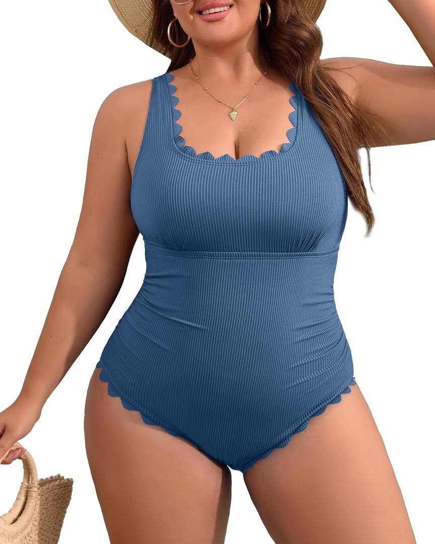 Charmo Plus Size Swimsuit for Women 2025 Tummy Control Scalloped Ribbed One Piece Swimsuits Ruched Modest Bathing Suit (2X, Blue)