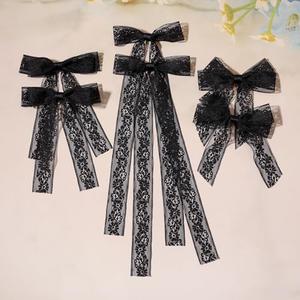 Hair Clip Bows for Women and Girls, 6Pcs Black Lace Tulle Bows with Long Tail Ribbon, Metal Bow Hair Clips, Bowknots Tassel Hair Barrettes