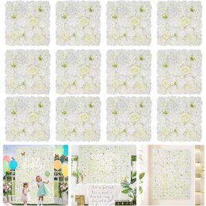 Tigeen Flower Wall Panels 3D Silk Rose Floral Decorative Faux Flower Wall Background for Wedding Home Decoration Background Shop Party Photo Arrangement(White,15 x 15 Inch)