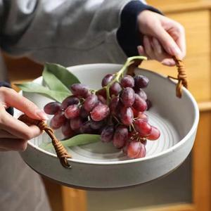 Ceramic Fruit Bowl or Salad Bowl with Double Eared Vine Weaving Handles, Ceramic Salad Bowl with Anti Slip Bottom,Large Fruit Bowl for Kitchen Counter(10Inches)