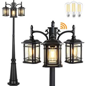 PARTPHONER Dusk to Dawn Outdoor Lamp Post Lights, Black Light Pole with Clear Glass Panels (3 LED Bulbs Included), 3-Head Hardwired Waterproof Outside Street Lights for Backyard Garden Driveway