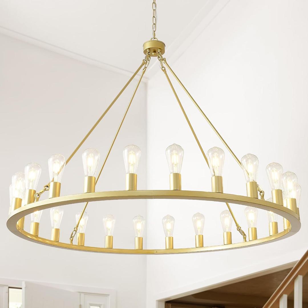 HHR 48-inch Gold Wagon Wheel Chandelier, 24-Light Round Farmhouse Foyer Chandelier, Dining Room Light Fixture for High Ceilings Living Room Porch