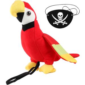 D-Fokes 2PCS Pirate Costume Accessories, Red Stuffed Shoulder Parrot & Black Skull Print Eye Patch for Kids and Adults, Halloween Pirate Outfit Cosplay Party Props Dress-Up