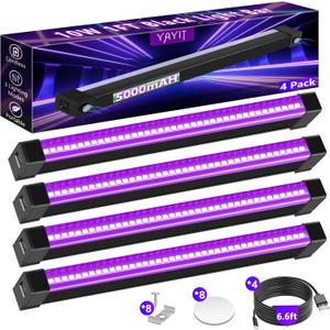 Rechargeable Black Lights, Portable LED Blacklight for Glow Party, 10W Dimmable Black Light Bar for Halloween, Poster, Decor, 5000mAh Battery Powered, 4 Pack