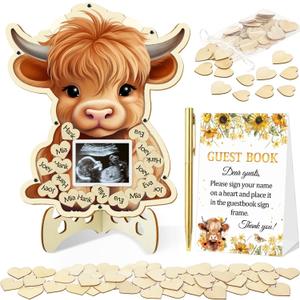 65 Pcs Highland Cow Baby Shower Decorations Guest Book, Baby Shower Guest Book Alternatives with Photo Frame, 60 Wood Slices Cow Baby Shower Guest Book for Boys Grils Baby Shower