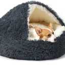 Dog Bed Round Hooded Plush Cat Cave Self Warming Pet Bed Donut Anti Anxiety Fluffy Pet Bed for Puppy and Kitty (Medium 23.6'', Dark grey)
