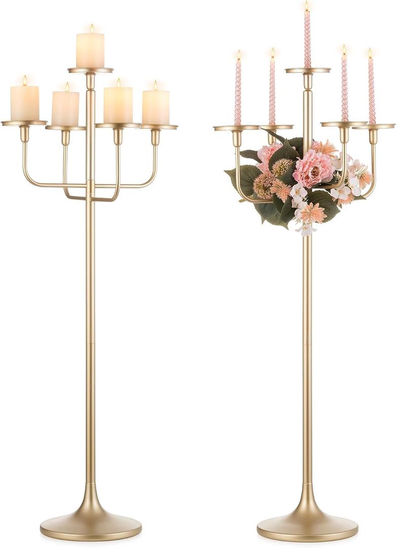 Romadedi Candelabra Tall Candle Holder - 47 inch Floor Gold Candle Holders Wedding Centerpiece for Pillar Candlestick Centerpiece Decor Set of 2