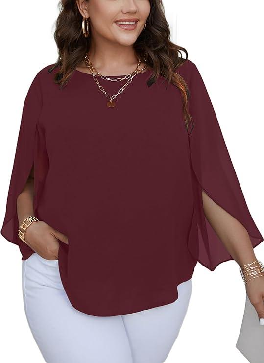 SCOMCHIC Plus Size Blouses for Women Summer Chiffon 3/4 Sleeve Tunic Tops Dressy Scoop Neck Casual Loose Flowy Shirts 3XL