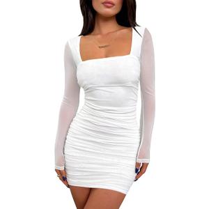 BORIFLORS Women's Sexy Ruched Bodycon Mini Dress Mesh Long Sleeve Club Party Short Dresses (Large, White)