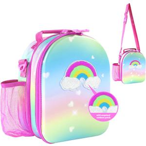 Decorably Insulated Hard Top Sequined Rainbow Lunch Box for Girls, Easy-to-Clean Girls Lunch Box with 2 Main Compartments and Water Bottle Holder for School