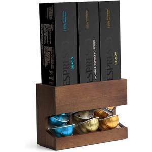Walnut Wood Pod Dispenser Designed for Nespresso Vertuo Capsules, Freestanding Countertop Pods Rack, Coffee Pods Holder for Home or Office Kitchen Counter, Dispenses 3 Coffee Flavors
