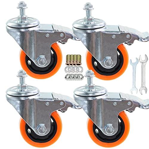 Heavy Duty Stem Caster Wheels M10-1.5X25mm Dual Locking No Noise PVC Threaded Stem Caster Wheels Pack of 4 for Workbench, Dolly, Furniture (3 Inch, Orange)