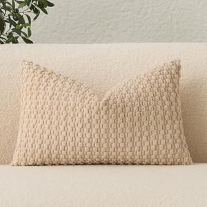 UGASA Lumbar Throw Pillow Covers Pack of 1 Super Soft Boho Corduroy Decorative Pillow Covers Cases Solid Color Plush Texture Accent Throw Pillows for Sofa Couch Living Room Chair 12x24 Inch, Beige