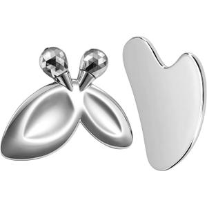 Gua Sha Facial Tools and Face Roller Set, Stainless Steel Facial Sculpting Eyes Roller Guasha for Face, Chin & Jawline Sculpting,Skin Care (Stainless Steel)