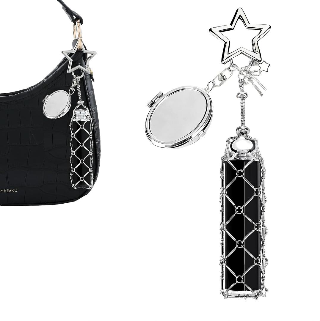 Lip Balm Keychain with Mirror - Stainless Steel Mesh Bag Keychains, Lipstick Storage Case for Women Bags Purses (Silver-black Oval Mirror)
