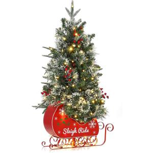 Garvee 3FT Christmas Tree, Pre-Lit Artificial Christmas Trees with Lights, Small Xmas Trees with Sleigh Base & 78 Warm White Lights, Christmas Decoration for Home, Office,1 PCS (Red)