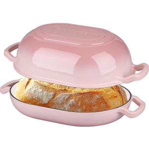 Enameled Cast Iron Sourdough Bread Oven, Dutch Oven, Loaf Cast Iron Bread Pan for Homemade Bread Baking, Meatloaf Pan with Lid, 7QT, Pink