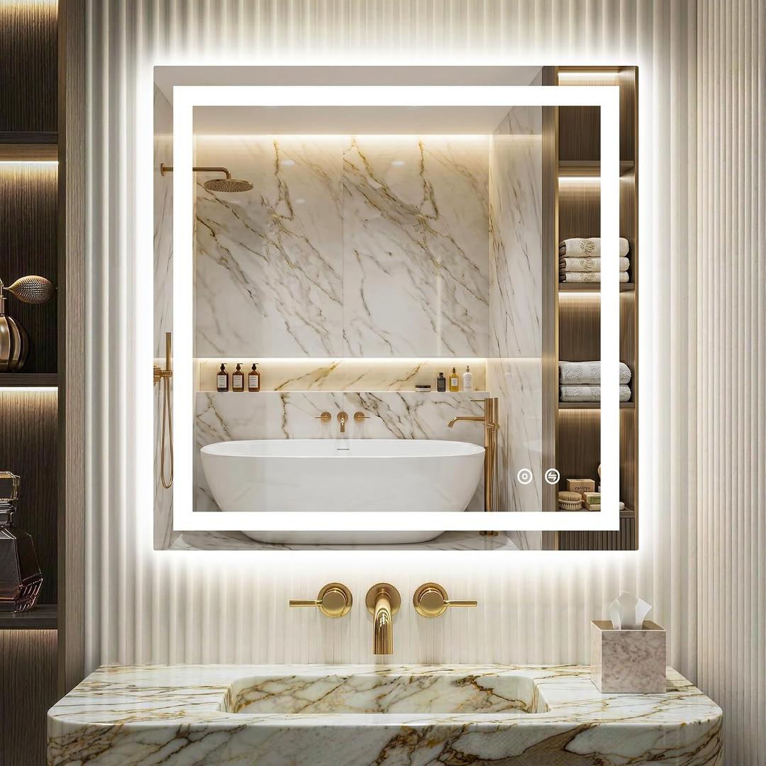 Delma LED Vanity Mirror with Lights 30x30 Inch, Front & Backlit Bathroom Mirror, Dimmable 3 Color Lighting Anti-Fog Wall Mounted Mirror, Shatterproof Tempered Glass, Horizontal or Vertical