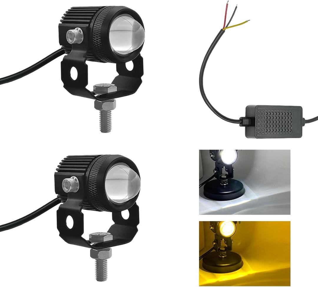 2PCS Motorcycle LED Driving Fog Lights, Dual Color LED Projector Light Driving Spotlights with Mount Bracket & Wire, 60W Ultra Bright Auxiliary Light for Motorcycle Car Truck