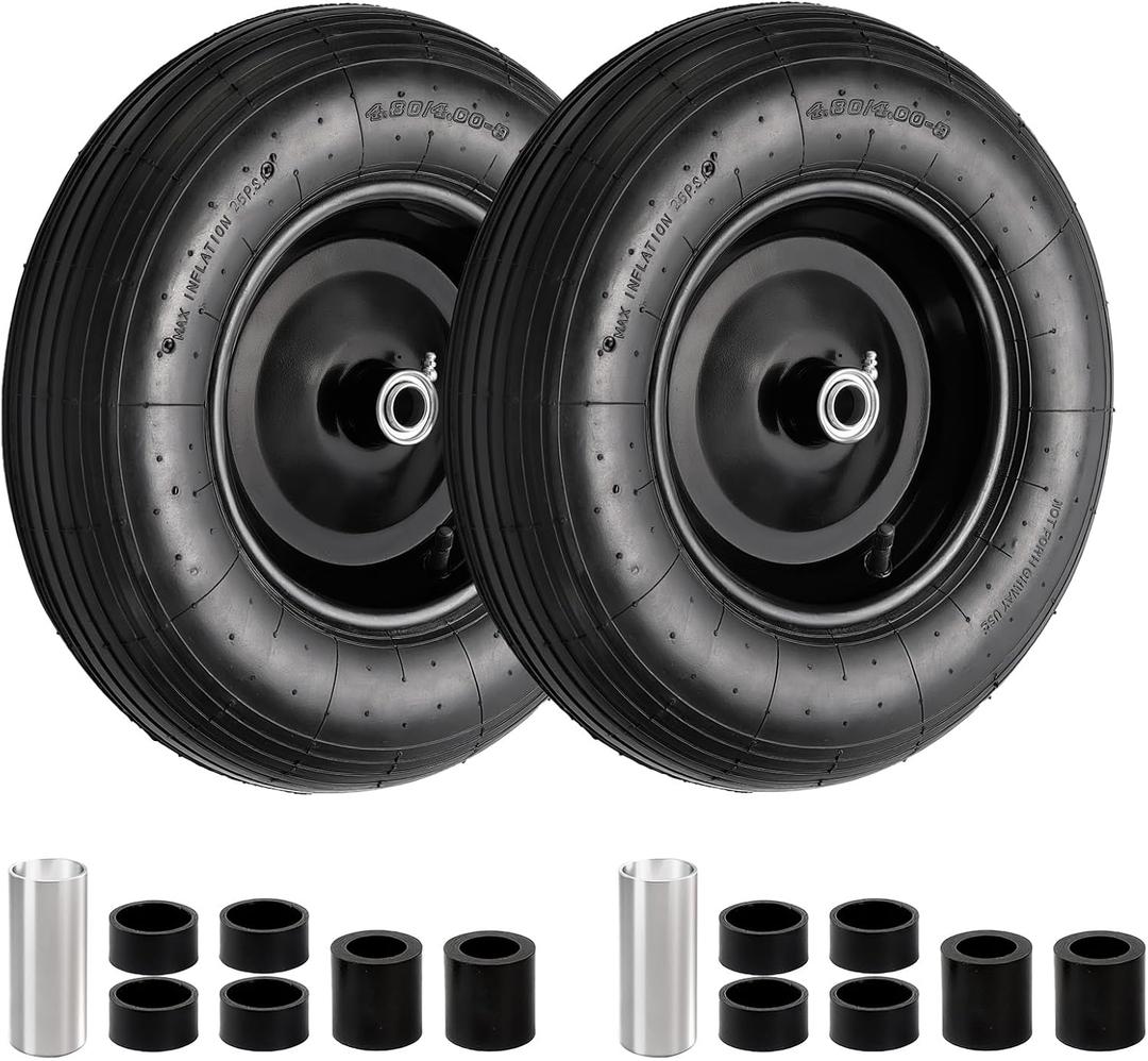 RRQ (2 Pack) 4.80/4.00-8 Tire and Wheel, 16" Pneumatic Wheelbarrow Tires with 3" Centered Hub and 3/4" Bearings (Comes with 5/8" ID Iron Tube Adapter), for Wheelbarrow, Garden Cart, Trailer and More, 15.5 inches