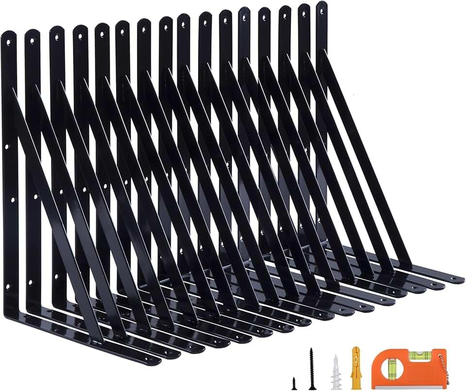 16-Pack 10" x 14" Heavy Duty Shelf Brackets, Large Wall Bracket for Garage Kitchen Floating Shelves, Black Powder-Coated Steel