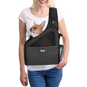 SlowTon Pet Dog Sling Carrier, Hands Free Hard Bottom Papoose Small Animal Puppy Up to 6 lbs Travel Bag Tote Breathable Mesh Support Adjustable Padded Strap Pocket Safety Belt Machine Washable (Black)