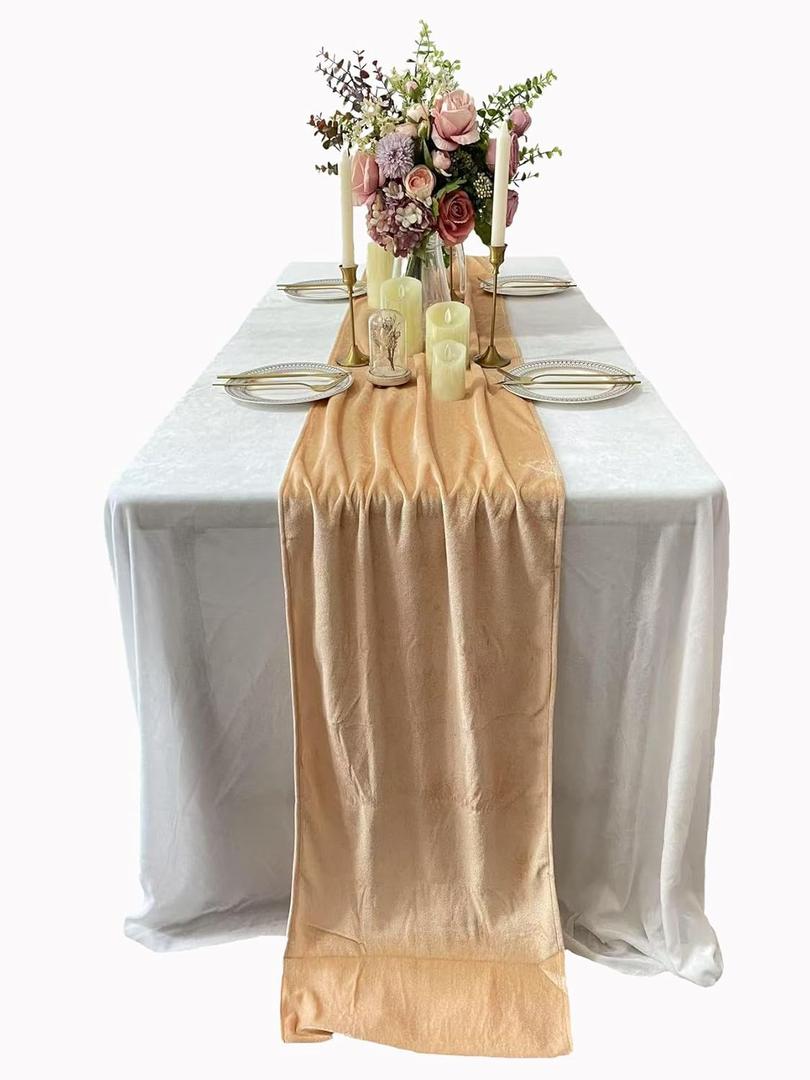 Luchuan Champagne Velvet Table Runner, 11ft Luxurious Wedding Reception Decorations Soft Velvet Fabric, Table Runner Overlay for Wedding Event Table Decorations (Champagne, 20X132inch)