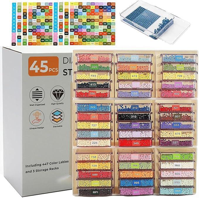 45 Pcs Diamond Storage Containers,Diamond Painting Sliding Trays ,Stackable Diamond Art Trays , 2in1 Art Carft Storage Box Set LineUp for Diamond Accessories ,Bead and Jewelry (Transparent/45Pcs)