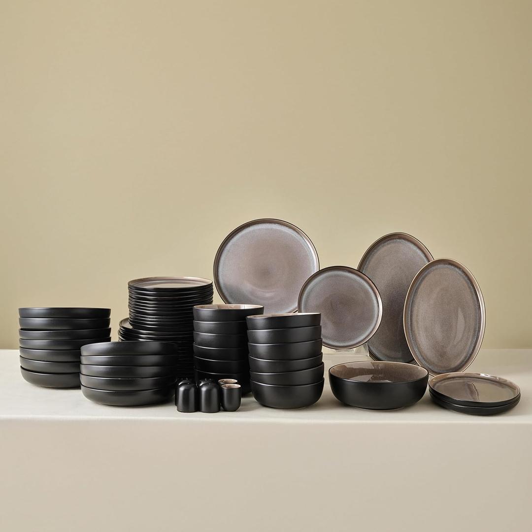 Karaca Mercure 15 Piece Stoneware Plates and Bowls Set, Reactive Glaze Black Dinner Set, Complete Kitchen Tableware Collection, Ideal Dinnerware for 12 People Dining Experience, Dishwasher Safe