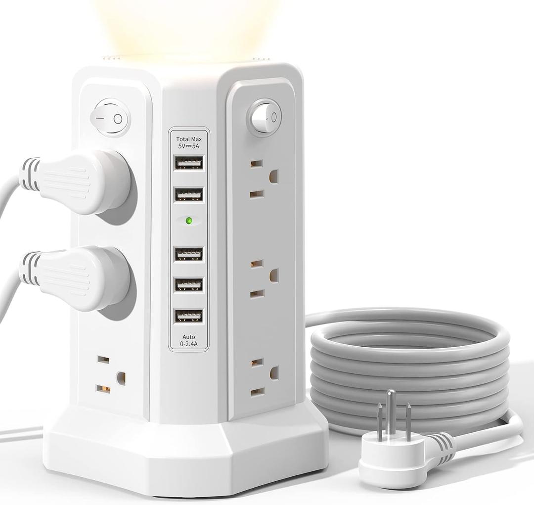 Surge Protector Power Strip Tower with 5 USB Ports and Night Light, 10FT Extension Cord with 12 AC Multiple Outlets, PASSUS Power Tower, Overload Protection for Home Office Dorm Room (White)