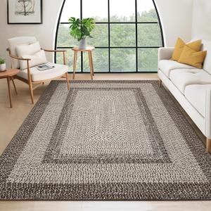 RUGSREAL 8x10 Washable Area Rug for Living Room with Rubber Backing Boho Rug Stain Resistant Large Bedroom Throw Carpet Modern Geometric Floor Cover Bohemian Border Rug for Home Decor Office, Mocha