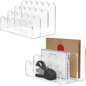 YAGELI 2 Pack 3-Slot Acrylic Mail Organizer for Desktop Scalloped Clear Document Sorter, Vertical File Holder for Office/Home, Space-Saving Desk Organizer for Letters,Envelope,Bills,Stationery