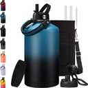 128 oz Insulated Water Bottle with Carrier Bag, 1 Gallon Metal Water Jug Keep Cold-48H Hot-24H, Giant Water Jug with Straw Lid & Spout Lid, Paracord Handle, Gallon Water Canteen for Work (Indigo Black)
