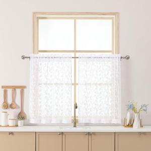 Chyhomenyc White Sheer Curtains 30 Inch Length, Light Filtering Leaf Tufted Textured Small Window Kitchen Curtain Over Sink, Short Half Window Curtains for Bathroom Basement, 30" Wx30 L, 2 Panels