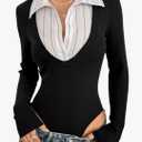 SOLY HUX Women's Striped Long Sleeve Bodysuits Button Down Tshirts Collared 2 in 1 Tops Preppy Clothes, Small