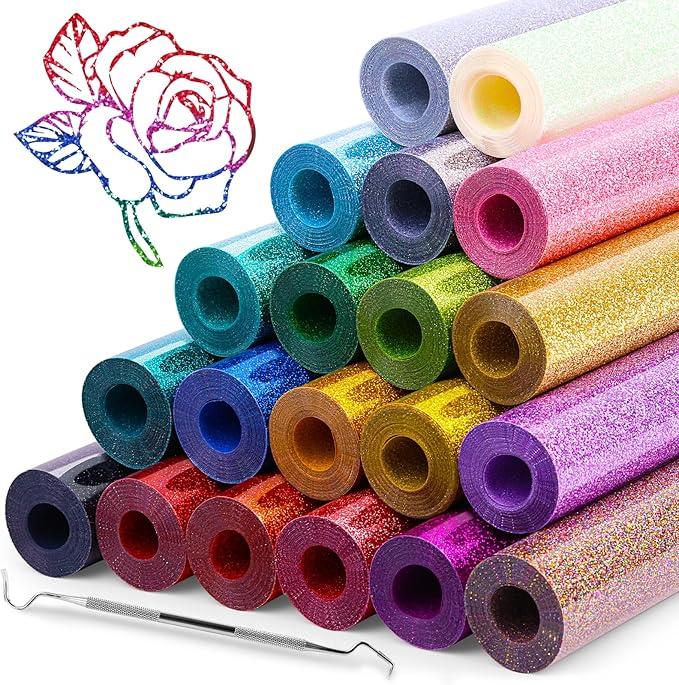 20 Pcs Glitter HTV Heat Transfer Vinyl, 12"x5FT Iron on Vinyl Bundle Sheets, 20 Assorted Colors HTV Heat Transfer Vinyl for T-Shirt, Easy to Cut, Glitter Vinyl for Heat Transfer Gift DIY
