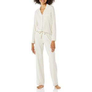 Amazon Essentials Women's Long Sleeve Cotton Modal Pajama Set, Loungewear with Full-Length Bottom (Medium, Beige)