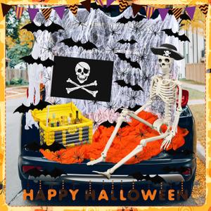 73 Pcs Pirate Trunk or Treat Car Decoration Kit Halloween Pirate Birthday Party Decoration Full Skeleton with Hat Flag 2 Spider Web with 40 Spider 28 Bat for SUV Home Archway Garage Decor