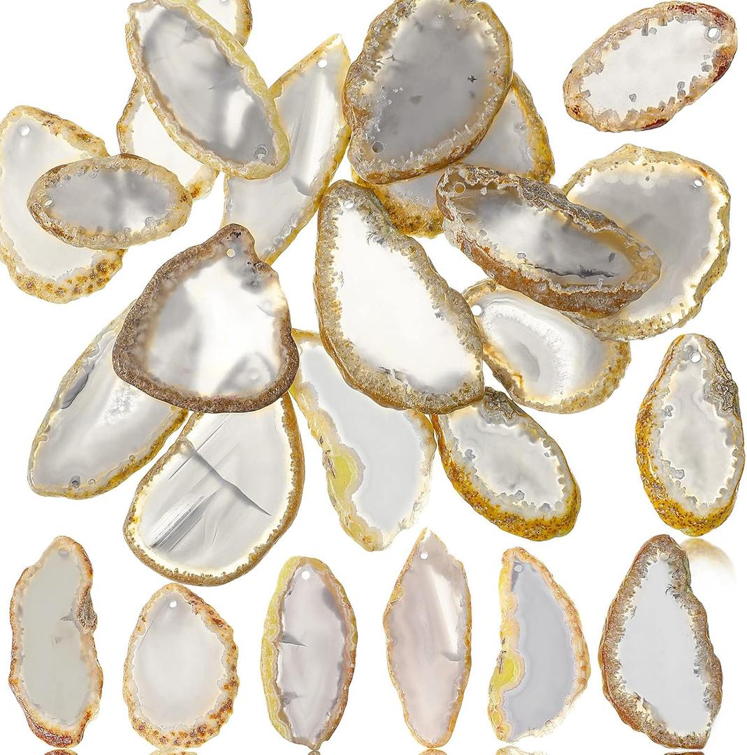 Hicarer 16 Pcs Agate Slices Polished Agate Slices with Holes Irregular Pendants Stone Bulk Drilled Geode Slivers for Christmas Women DIY Craft Gifts Jewelry Making(Grey)