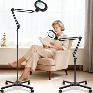 KIRKAS 12X Large Floor Magnifying Glass with Light and Stand, Infinite Color Dimmable 2 in 1 Lighted Magnifier lamp for Close Work, Reading, Craft, Sewing, Hobby, 4 Wheel Rolling Stable Base Esthetician (Black)