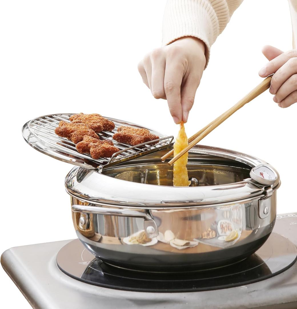 Deep Fryer Pot (C), 11"/4.4Qt (4.2 L) Extra Large Tempura Frying Pot with Lid, 304 Stainless Steel Fry Pot with Temperature Control and Oil Drip Drain Rack