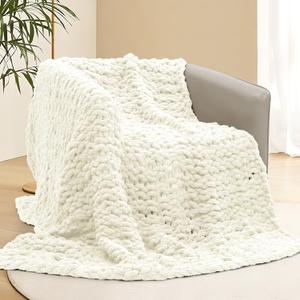 Chunky Knit Blanket Throw, 50x60inch Soft Chenille Yarn Throw, Handmade Warm Thick Cable Knit Crochet Blanket, Large Rope Knot Throw Blanket for Couch Bed SofaWhite