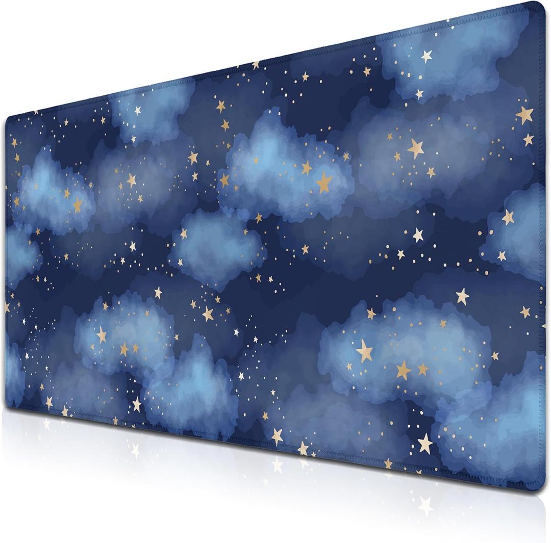 Large Desk Mat Dark Blue, Keyboard Mouse Pads Desktop Mats, Long Gaming Mouse Pad Non-Slip Rubber Base, 35.4 X 15.7 inch for Work/Game/Office/Home Watercolor Night Sky Galaxy Universe Space
