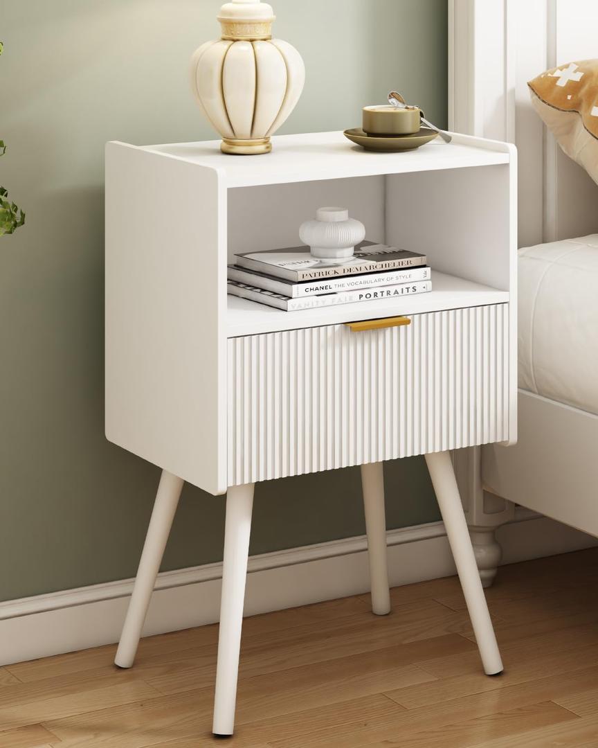 White Nightstand, Modern Bedside Table with Storage Drawer and Open Wood Shelf, for Living Room, Bedroom and Small Spaces, Accent Night Stand with Solid Wood Legs, Easy Assembly, Classic White
