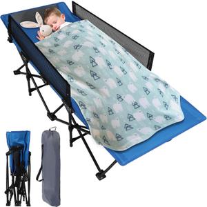 REDCAMP Kids Cot for Sleeping 2-7 Years, Portable Travel Toddler Cot Bed with Guardrail, Lightweight for Outdoor Indoor Home, Blue