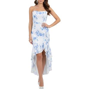 Women's Sexy Elegant Layered Frilled Ruffles Asymmetrical Hem Backless Strapless Maxi Bodycon Dress