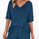 PRETTYGARDEN Womens 2 Piece Sets 2026 Oversized Vneck Half Sleeve Tops Shorts Lounge Set Casual Summer Travel Beach Outfits (Blue, S)