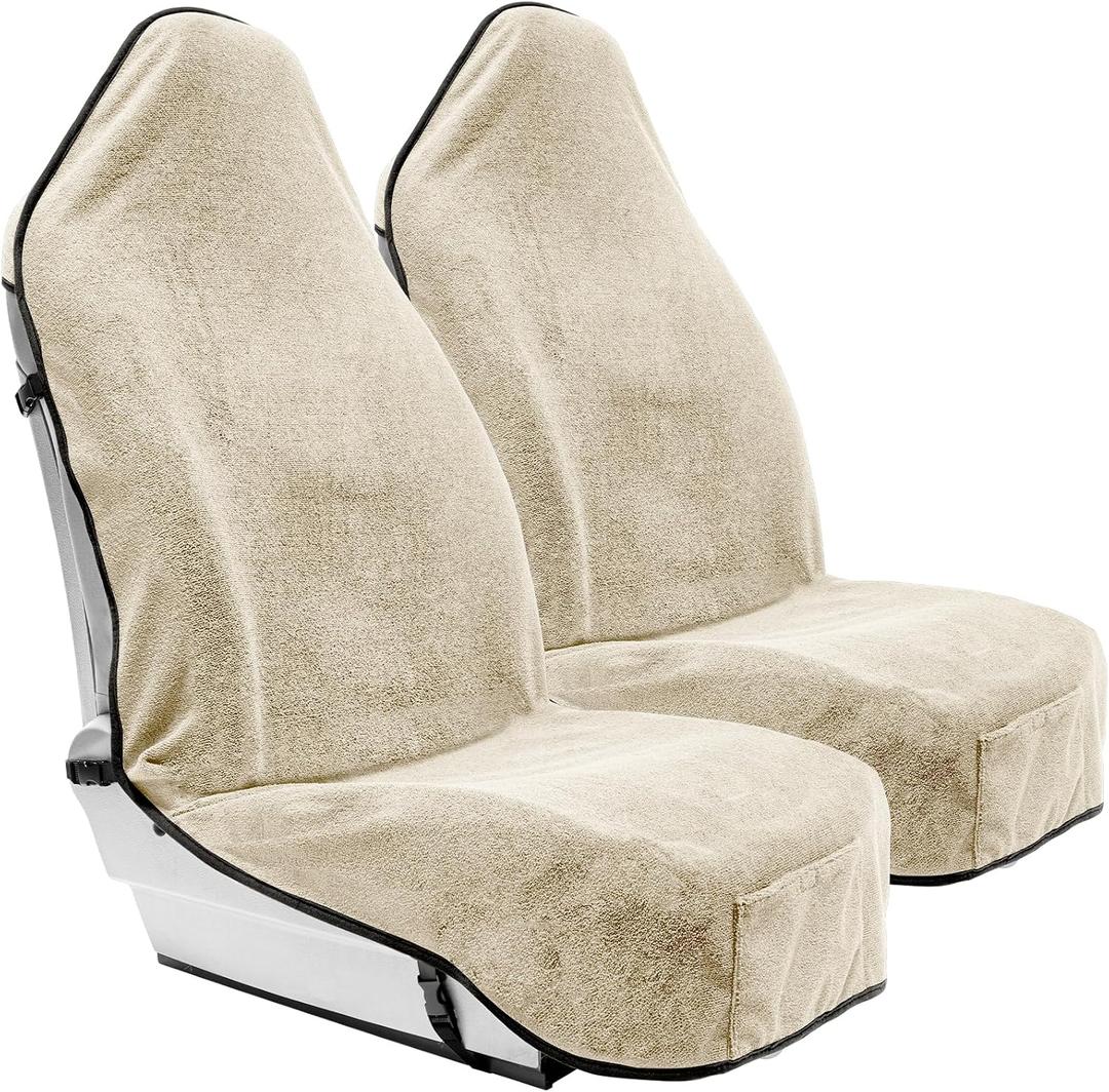 Season Guard Towel Seat Cover, Waterproof Car Seat Protectors for Gym, Workout & Active Lifestyle, Universal Fit for Car SUV Truck Van, Non-Slip 3 Strap Design, Machine Washable, 2 Pack Tan