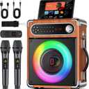 JYX Karaoke Machine, 2 Wireless Microphones, Portable Bluetooth 5.3 PA Speaker with Disco Lights, Smart TV Compatible, Upgraded Subwoofer, Bass Boost & Echo, TF/USB/AUX/FM, Home & Outdoor Party (Wood)